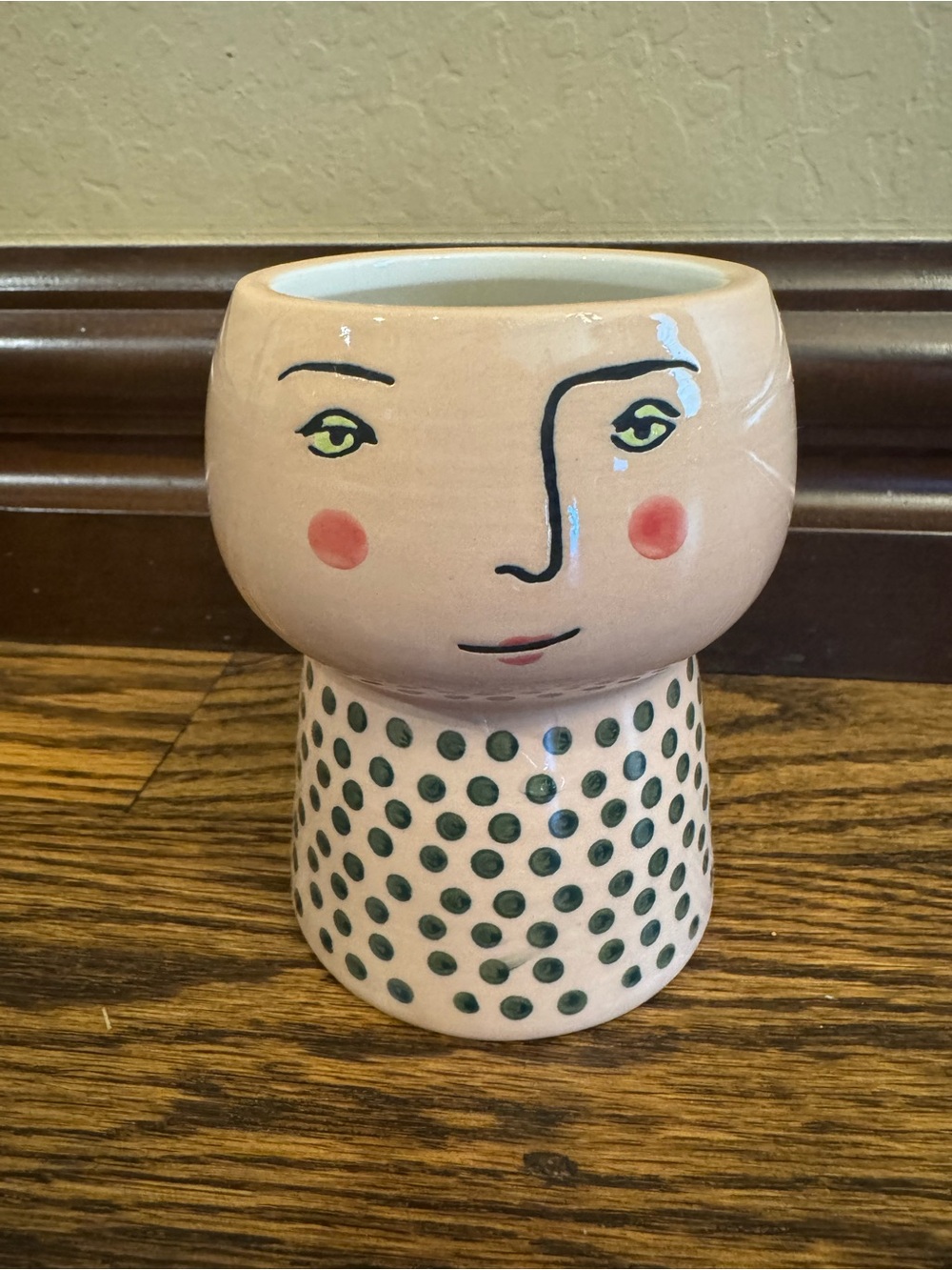 Opal House Face Stoneware Planter with Green Dots